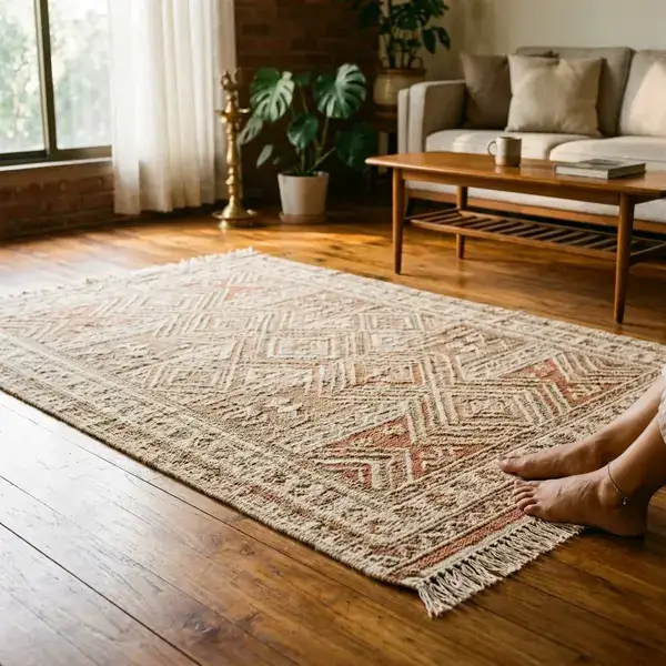 Handwoven rug on wooden floor